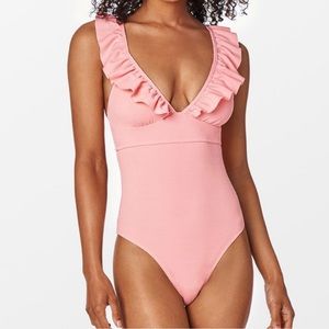 🆕 Cupshe V-neck Magenta Ruffled Lace Up Back One-Piece Cheeky Swimsuit | XL